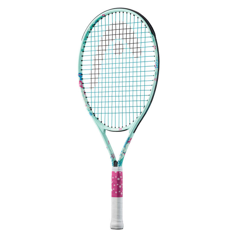 A strung HEAD Coco Junior 25 tennis racket with a colorful design, featuring a predominantly green color with white and pink accents, and the name 'COCO' prominently displayed on the frame.