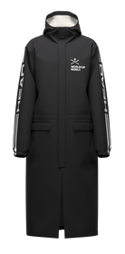 A Head Junior Race Rain Coat showing waterproof breathable membrane with taped seams, fixed fully adjustable hood, 2-way center-front zip with storm flap, taped side zip openings for leg access, and elasticated cuffs.