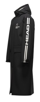 A Head Junior Race Rain Coat showing waterproof breathable membrane with taped seams, fixed fully adjustable hood, 2-way center-front zip with storm flap, taped side zip openings for leg access, and elasticated cuffs.
