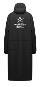 A Head Junior Race Rain Coat showing waterproof breathable membrane with taped seams, fixed fully adjustable hood, 2-way center-front zip with storm flap, taped side zip openings for leg access, and elasticated cuffs.