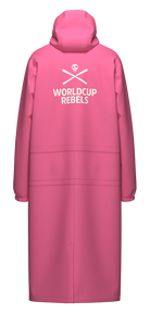 A Head Junior Race Rain Coat showing waterproof breathable membrane with taped seams, fixed fully adjustable hood, 2-way center-front zip with storm flap, taped side zip openings for leg access, and elasticated cuffs.