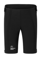 Head Junior Race Shorts showing softshell fabric with DWR finish, padded side protection inserts, full-length 2-way full-zip leg openings, inner leg anti-slip elastic hems, and adjustable waistband with wide elastic back.