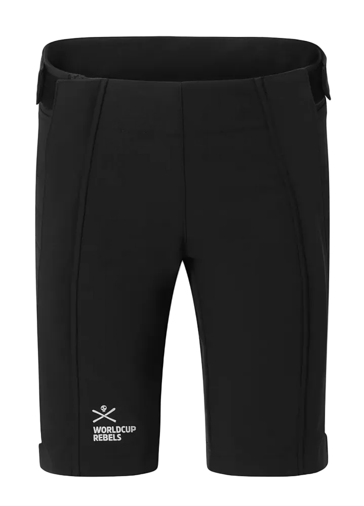 Head Junior Race Shorts showing softshell fabric with DWR finish, padded side protection inserts, full-length 2-way full-zip leg openings, inner leg anti-slip elastic hems, and adjustable waistband with wide elastic back.