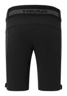Head Junior Race Shorts showing softshell fabric with DWR finish, padded side protection inserts, full-length 2-way full-zip leg openings, inner leg anti-slip elastic hems, and adjustable waistband with wide elastic back.
