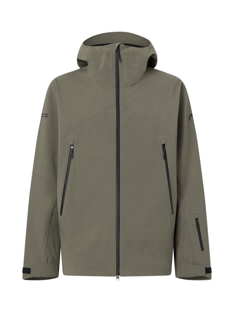 Head Men’s Kore II Jacket showing 3-layer IAM 2020 waterproof breathable membrane fabric, fully taped seams, YKK AquaGuard® water-resistant zippers, fixed helmet-compatible hood, pit zip ventilation, and adjustable cuffs.