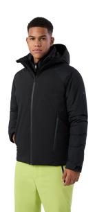 A black Head Men’s Neo Jacket showing waterproof breathable shell fabric, articulated sleeve construction, fully taped seams, zippered chest and hand pockets, adjustable hood, and full-front zip closure.