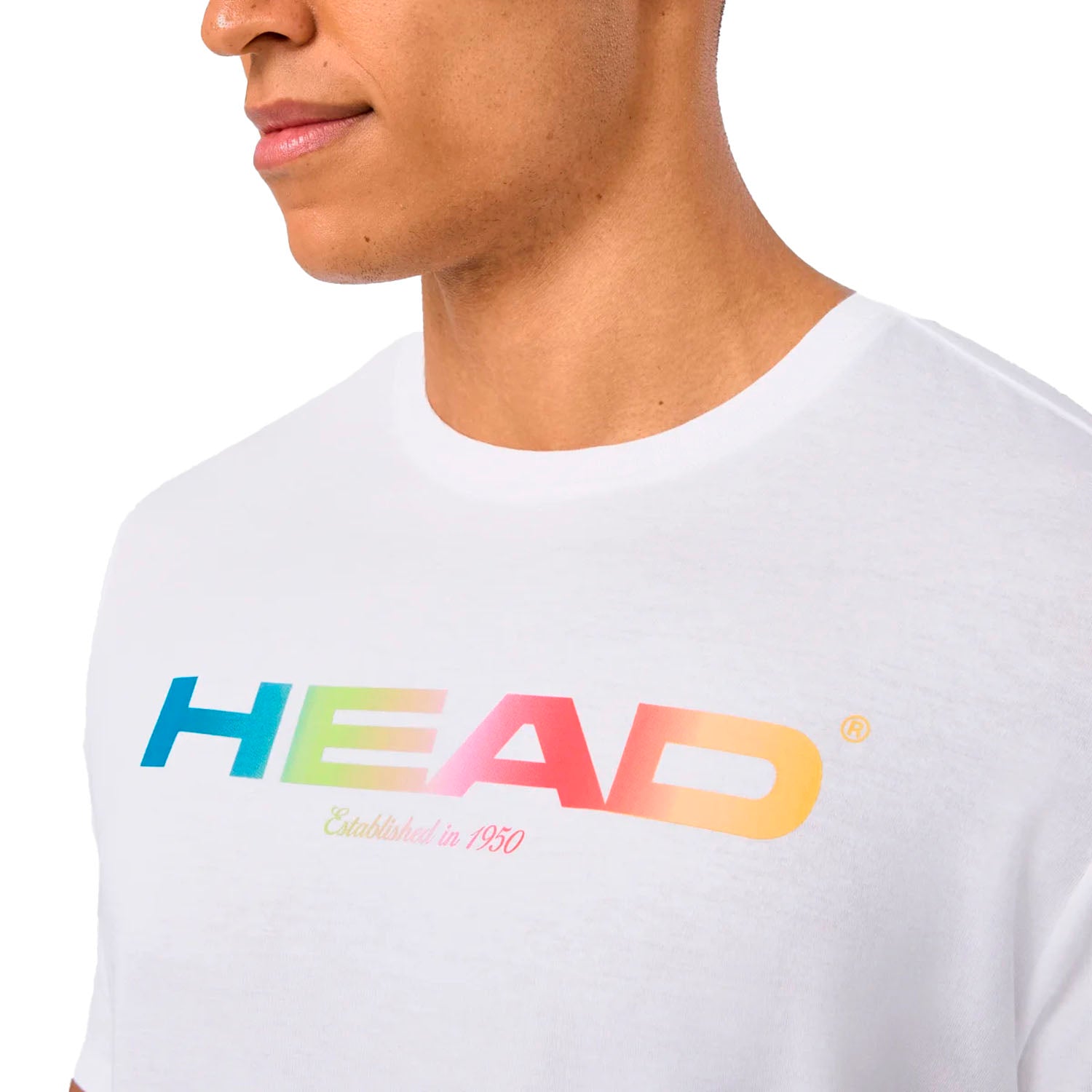 HEAD Men's Rainbow T-Shirt featuring lightweight fabric, rainbow-inspired graphics, a crew neck design, and comfortable everyday wear.