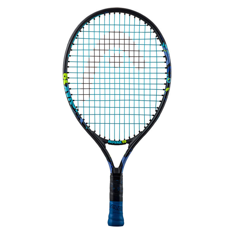 A HEAD NOVAK 19 TENNIS RACKET with a colorful design, featuring a blue and black color scheme with the name 'NOVAK' displayed prominently on the frame.