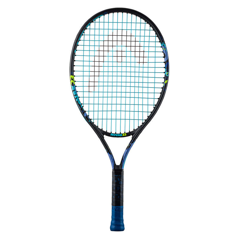 A HEAD NOVAK 23 TENNIS RACKET with a colorful design, featuring a black frame with blue and green accents, and the name 'NOVAK' displayed prominently on the frame.
