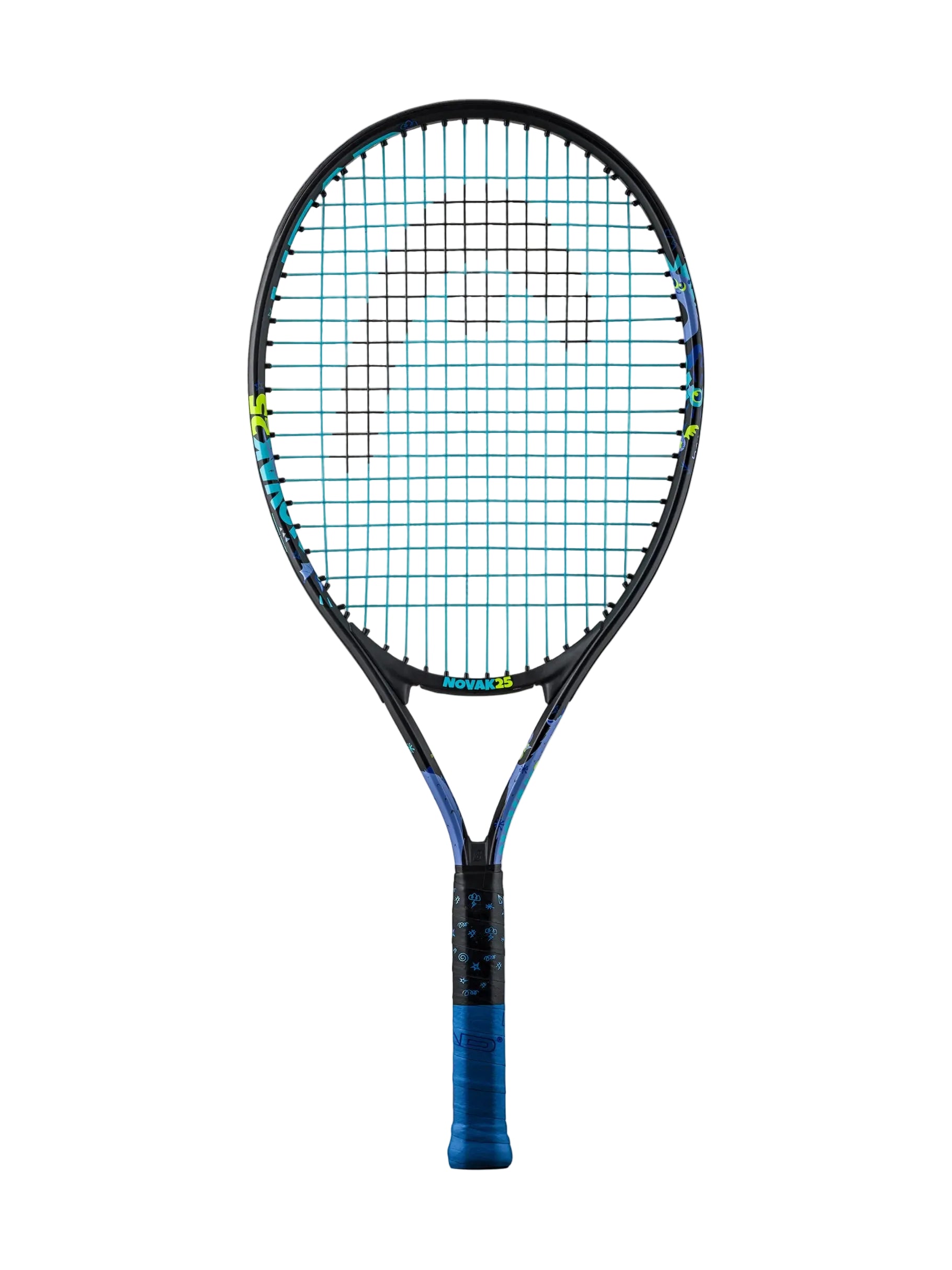 A HEAD Novak 25 Junior tennis racket with a black frame with blue and green accents