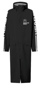 A black Head Race Rain Coat showing knee-length waterproof nylon shell, fully taped seams, 2-way center-front zipper with storm flap, adjustable fixed hood, and side zip pass-through pockets.
