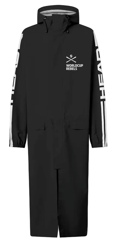 A black Head Race Rain Coat showing knee-length waterproof nylon shell, fully taped seams, 2-way center-front zipper with storm flap, adjustable fixed hood, and side zip pass-through pockets.