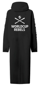 A black Head Race Rain Coat showing knee-length waterproof nylon shell, fully taped seams, 2-way center-front zipper with storm flap, adjustable fixed hood, and side zip pass-through pockets.
