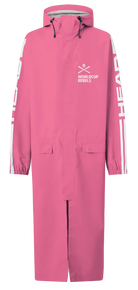 A pink Head Race Rain Coat showing knee-length waterproof nylon shell, fully taped seams, 2-way center-front zipper with storm flap, adjustable fixed hood, and side zip pass-through pockets.