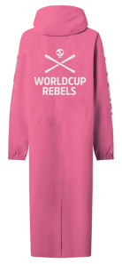 A pink Head Race Rain Coat showing knee-length waterproof nylon shell, fully taped seams, 2-way center-front zipper with storm flap, adjustable fixed hood, and side zip pass-through pockets.