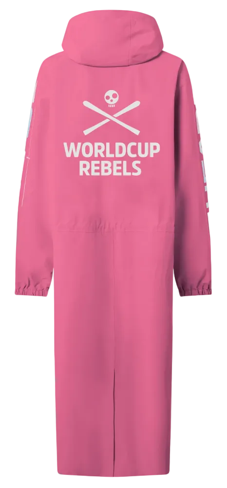 A pink Head Race Rain Coat showing knee-length waterproof nylon shell, fully taped seams, 2-way center-front zipper with storm flap, adjustable fixed hood, and side zip pass-through pockets.