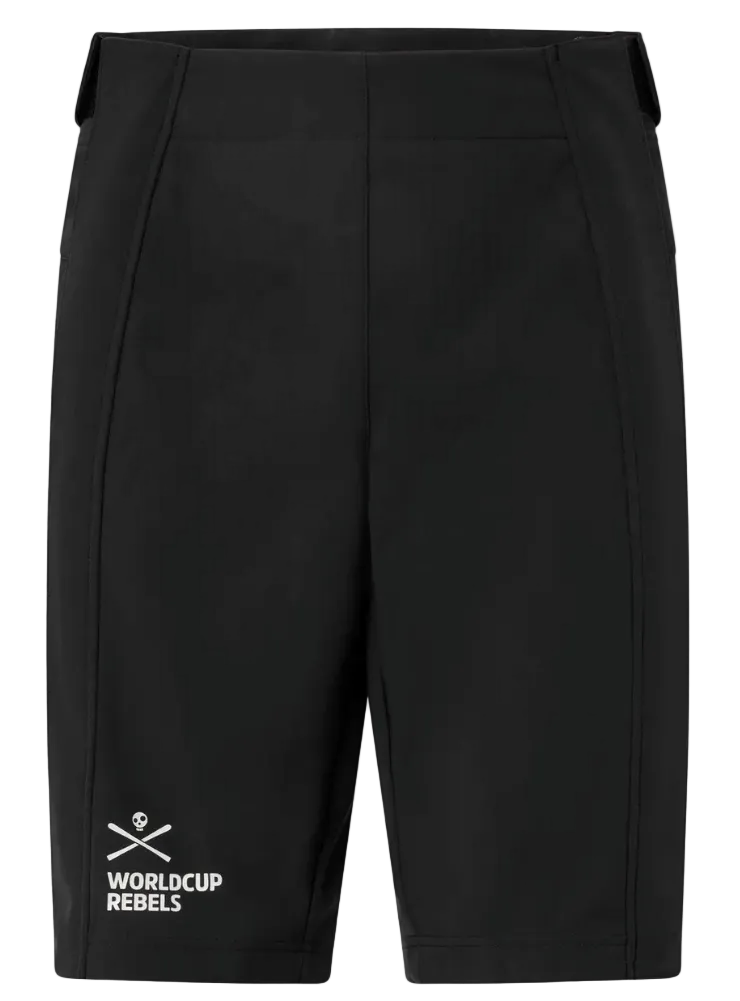 Head Race Shorts showing full-length side leg zippers, adjustable elastic waistband, windproof stretch softshell fabric, fleece-lined backing, and reinforced protective side paneling.