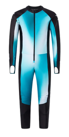 A Head Race Suit showing aerodynamic 3D anatomical stretch fabric, integrated protective pads on shoulders, arms, thighs, and knees, center-front YKK® zipper, sleeve thumb-loop construction, and anti-slip elastic leg hems.