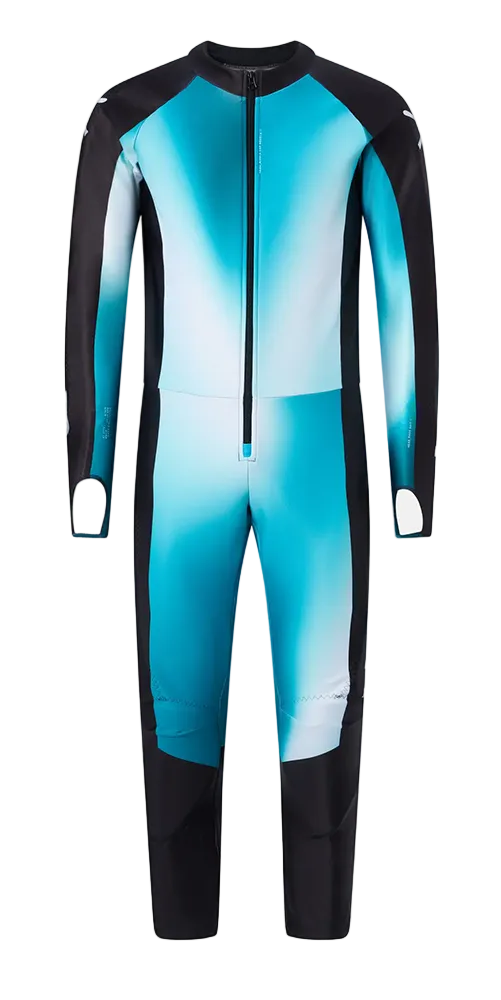 A Head Race Suit showing aerodynamic 3D anatomical stretch fabric, integrated protective pads on shoulders, arms, thighs, and knees, center-front YKK® zipper, sleeve thumb-loop construction, and anti-slip elastic leg hems.
