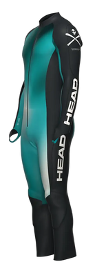 A Head Race Suit showing aerodynamic 3D anatomical stretch fabric, integrated protective pads on shoulders, arms, thighs, and knees, center-front YKK® zipper, sleeve thumb-loop construction, and anti-slip elastic leg hems.