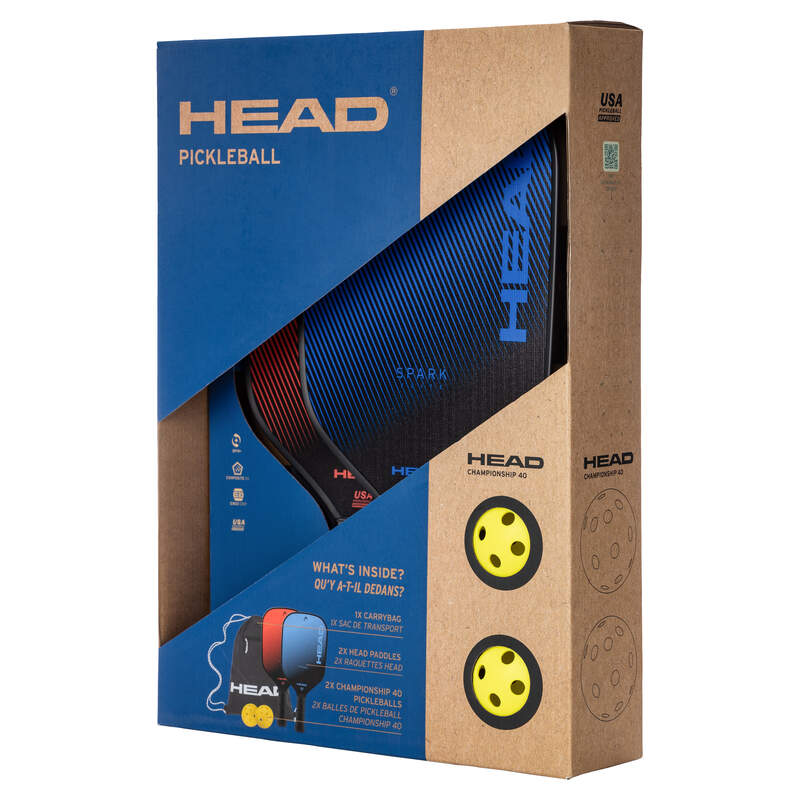 A HEAD Spark pickleball pack that features 2 paddles, 2 balls, and a carrybag