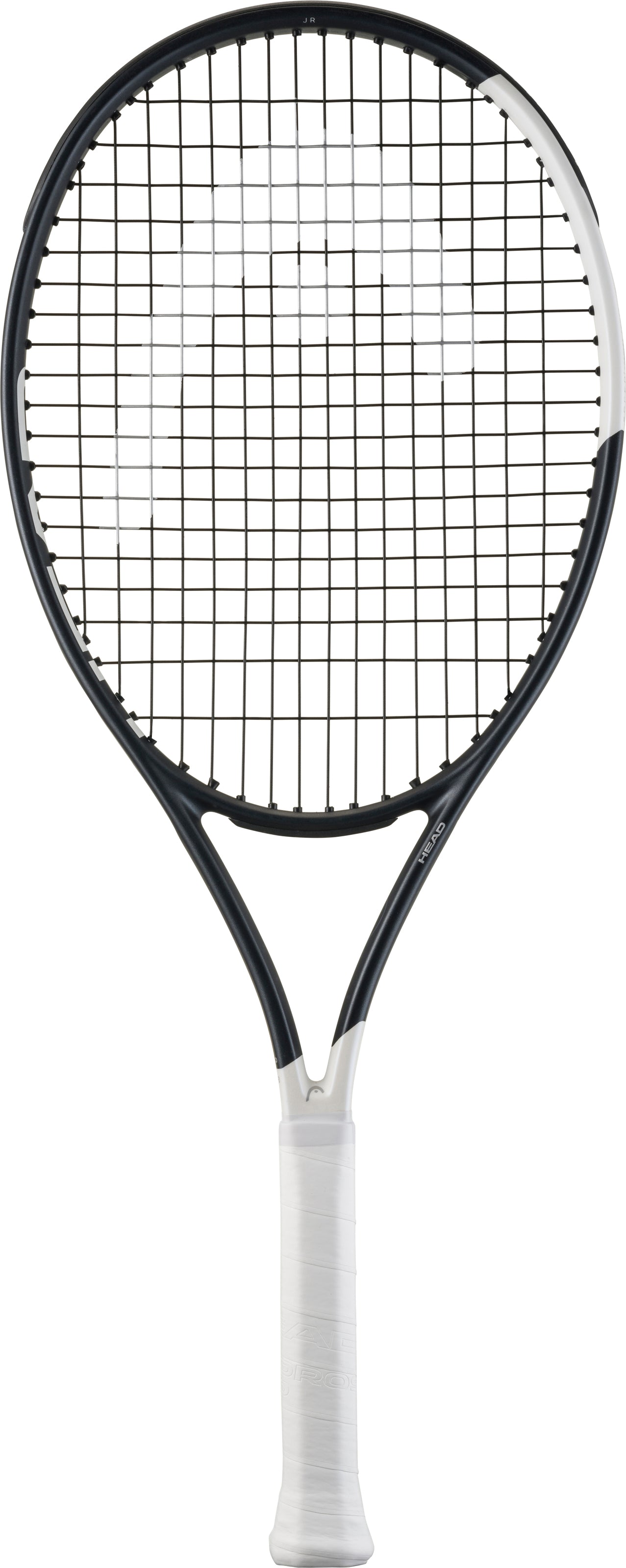 A HEAD Speed Junior high-performance tennis racket with a black and white frame designed for 11-12 year olds