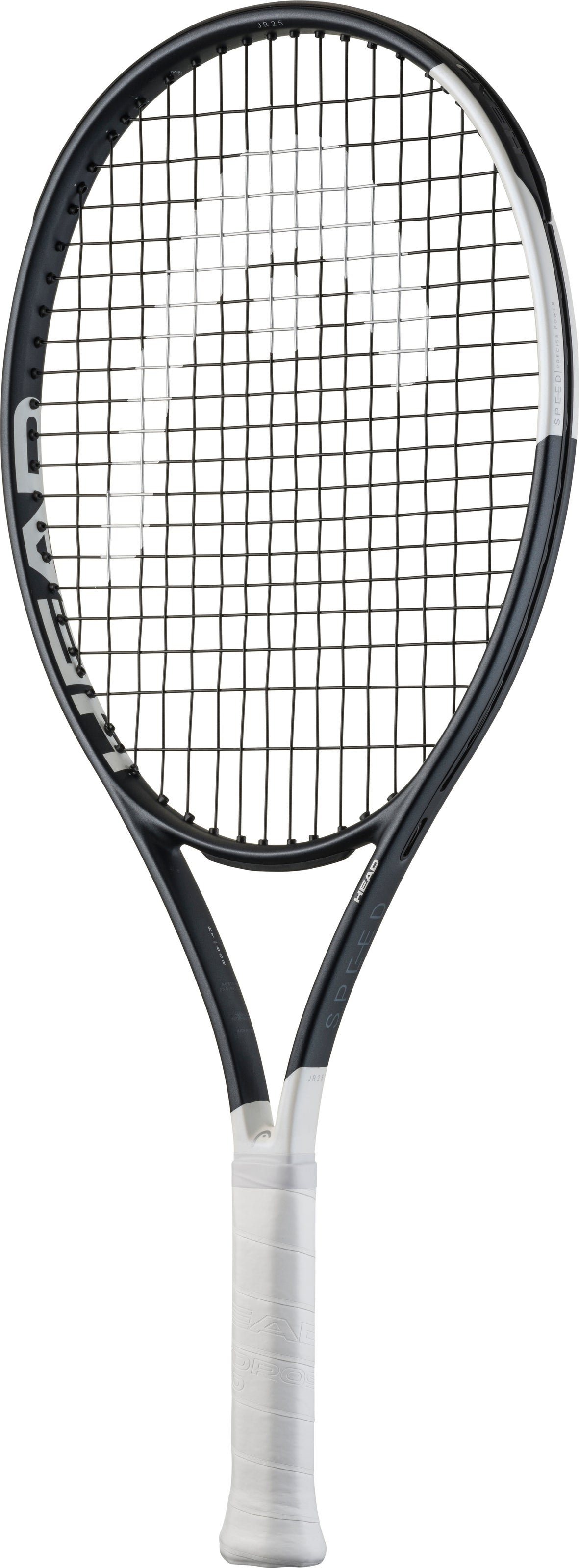 A HEAD Speed Junior high-performance tennis racket with a black and white frame designed for 11-12 year olds