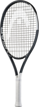 A HEAD Speed Junior high-performance tennis racket with a black and white frame designed for 11-12 year olds