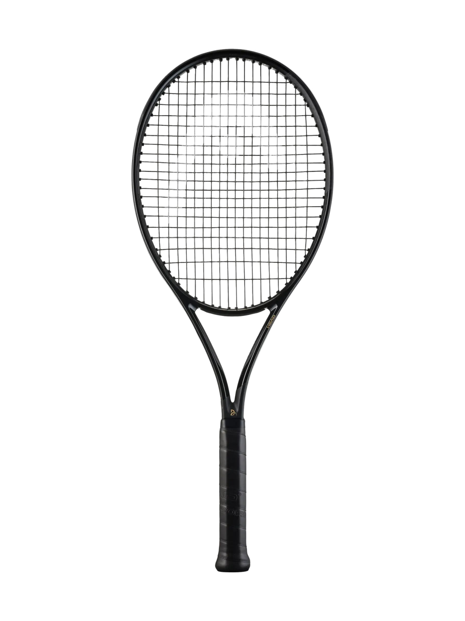 HEAD Speed MP Legend high-performance tennis racket showcasing the sleek, all-black coloring and the gold Djokovic logo stamped on the throat