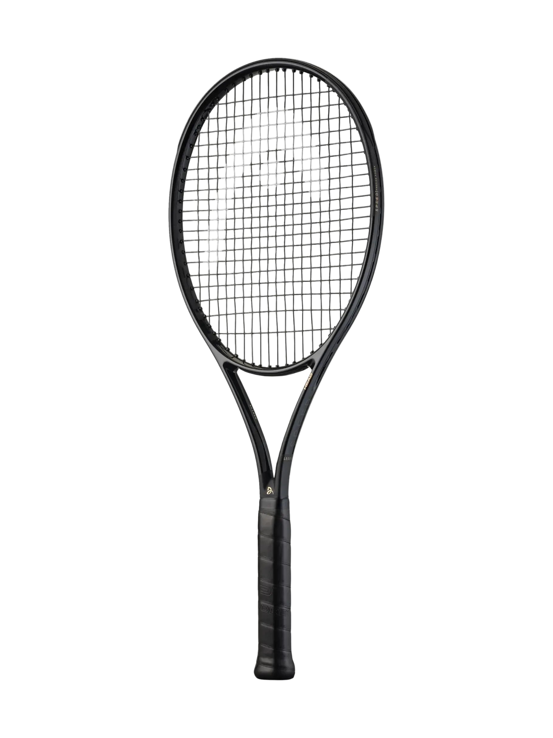 HEAD Speed MP Legend high-performance tennis racket showcasing the sleek, all-black coloring and the gold Djokovic logo stamped on the throat