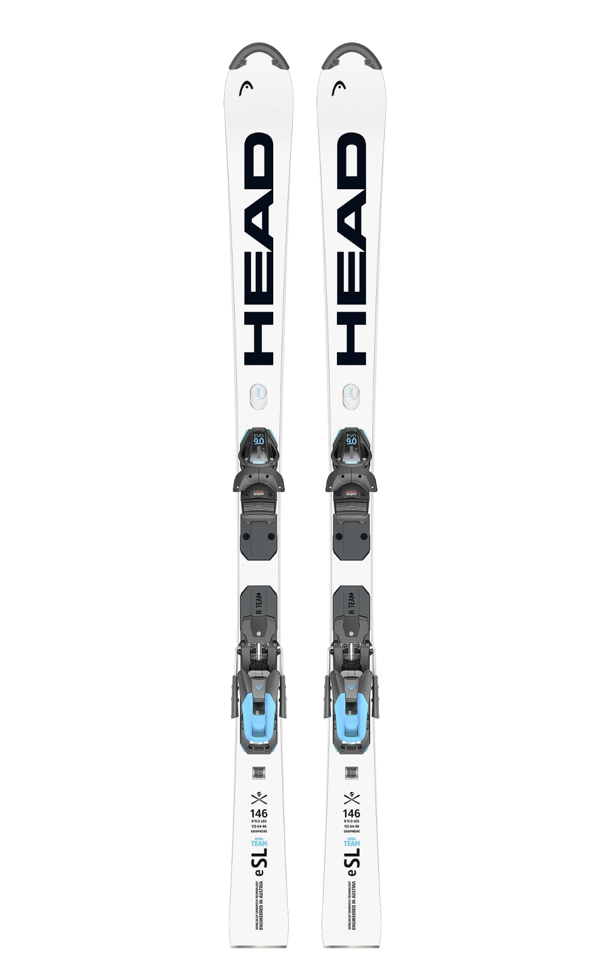 HEAD WCR e.SL Rebel Team junior slalom race skis with EVO 9 bindings, featuring Worldcup Sandwich Construction, Rebel Camber, and EMC F technology.