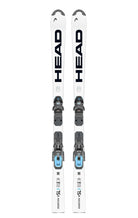 HEAD WCR e.SL Rebel Team junior slalom race skis with EVO 9 bindings, featuring Worldcup Sandwich Construction, Rebel Camber, and EMC F technology.