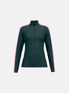 A dark green with pink accents HEAD Women's Aster Midlayer Sweater that is breathable, stretchable, lightweight, and is designed to be worn under a ski jacket.