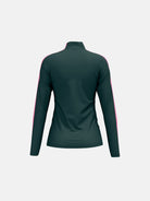 A dark green with pink accents HEAD Women's Aster Midlayer Sweater that is breathable, stretchable, lightweight, and is designed to be worn under a ski jacket.