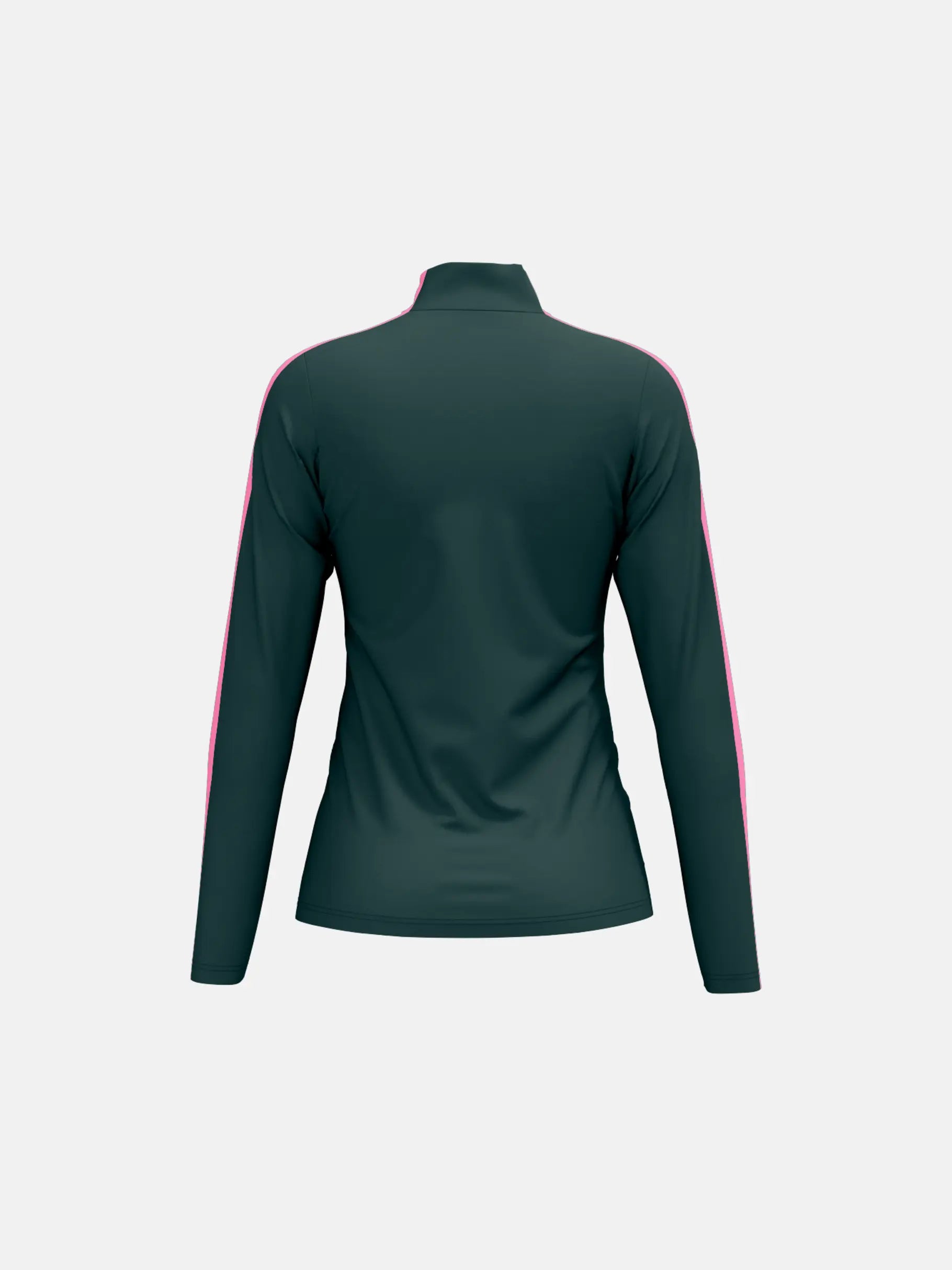 A dark green with pink accents HEAD Women's Aster Midlayer Sweater that is breathable, stretchable, lightweight, and is designed to be worn under a ski jacket.
