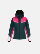 A green and pink HEAD Women's Joy Ski Jacket that is waterproof, insulated, breathable, and stretchable.