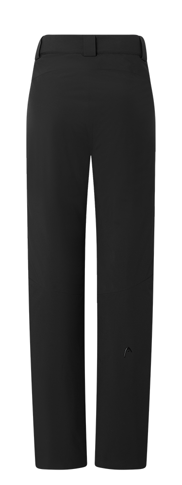A pair of black Head Women’s Joy Pants showing waterproof breathable shell fabric, articulated knee construction, fully taped seams, adjustable waistband, side zippered pockets, and reinforced scuff guards at lower leg hems.