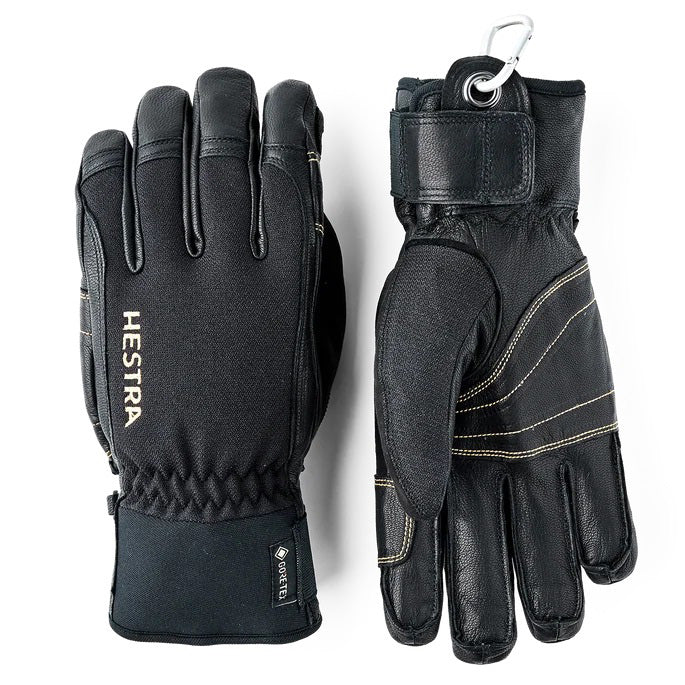 Hestra Army Leather GORE-TEX 5 Finger ski gloves with waterproof membrane, goat leather, G-Loft insulation and long snow-lock cuffs.