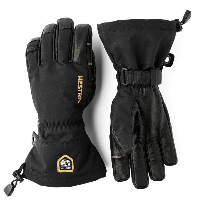 Hestra Army Leather GORE-TEX ski gloves with waterproof membrane, goat leather, G-Loft insulation and high snow-lock cuffs.