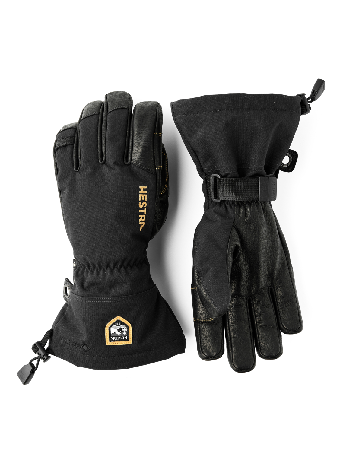 A pair of black Hestra Army Leather Gore-Tex gloves, which are designed to keep your hands warm and dry in harsh winter conditions.