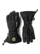A pair of black Hestra Army Leather Gore-Tex gloves, which are designed to keep your hands warm and dry in harsh winter conditions.