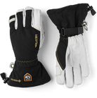 A pair of black and white Hestra Army Leather Gore-Tex gloves, which are designed to keep your hands warm and dry in harsh winter conditions.