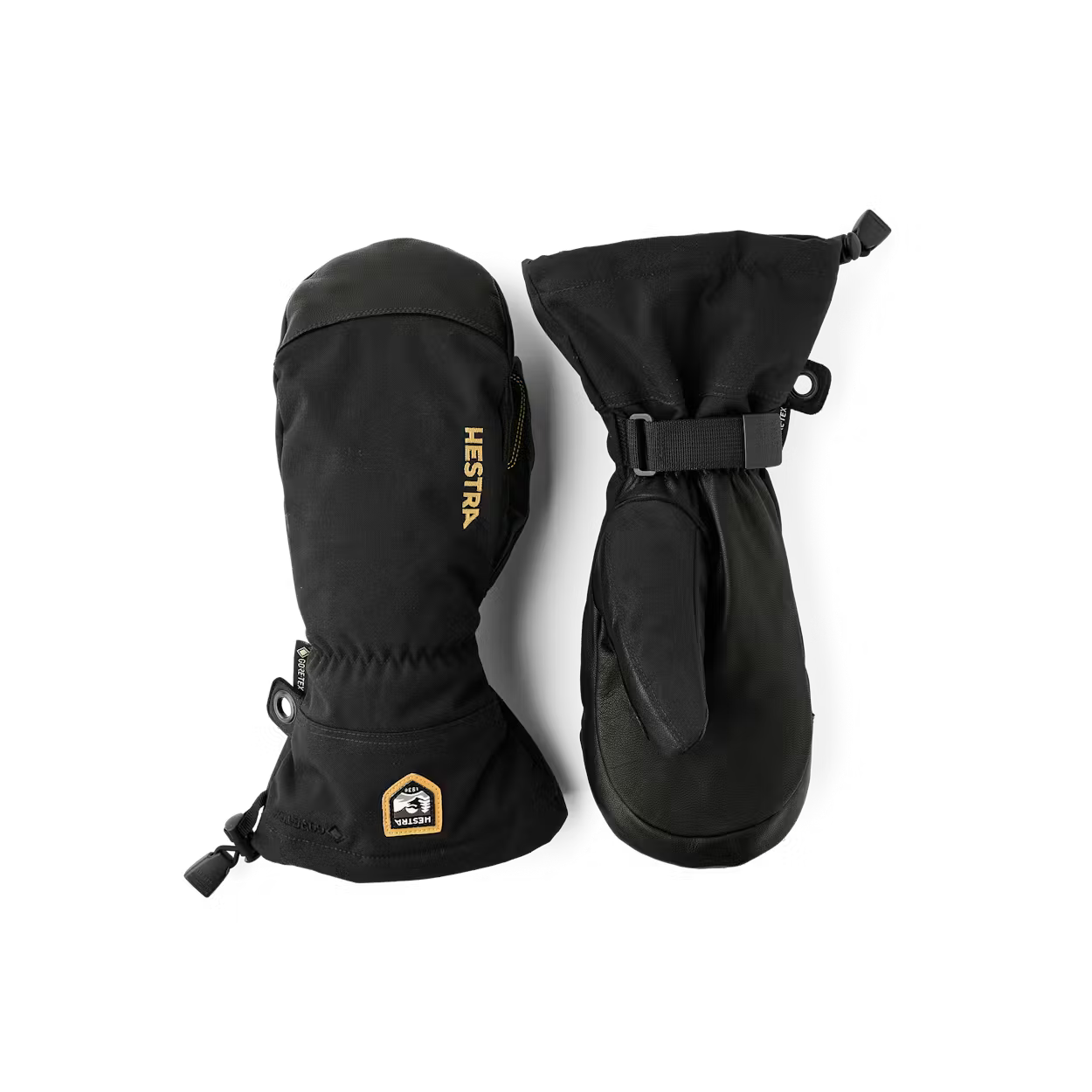 A pair of black Hestra Army Leather GORE-TEX Mittens, which are designed to keep your hands warm and dry in harsh winter conditions.