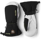 A pair of black and white Hestra Army Leather GORE-TEX Mittens, which are designed to keep your hands warm and dry in harsh winter conditions.