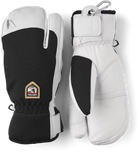 A pair of black and white Hestra Army Leather Patrol 3 Finger gloves, which are designed to keep your hands warm and dry in harsh winter conditions.