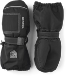 A pair of black Hestra Baby Zip Mittens Long that are made with premium materials and designed for toddlers.