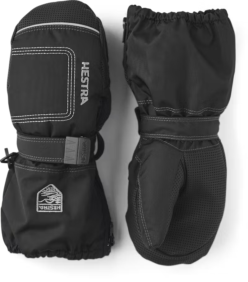 A pair of black Hestra Baby Zip Mittens Long that are made with premium materials and designed for toddlers.