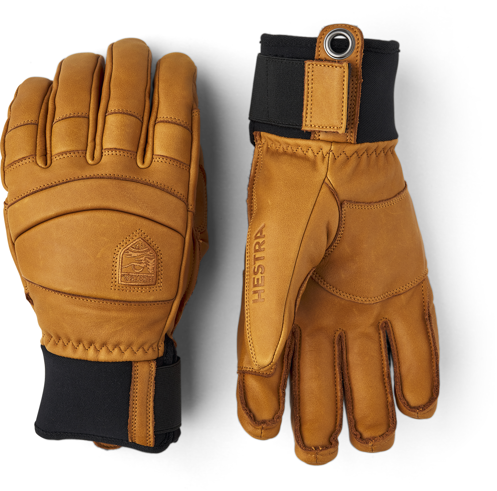 A pair of brown leather Hestra Fall Line Gloves made from premium materials.