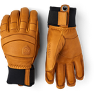 A pair of brown leather Hestra Fall Line Gloves made from premium materials.