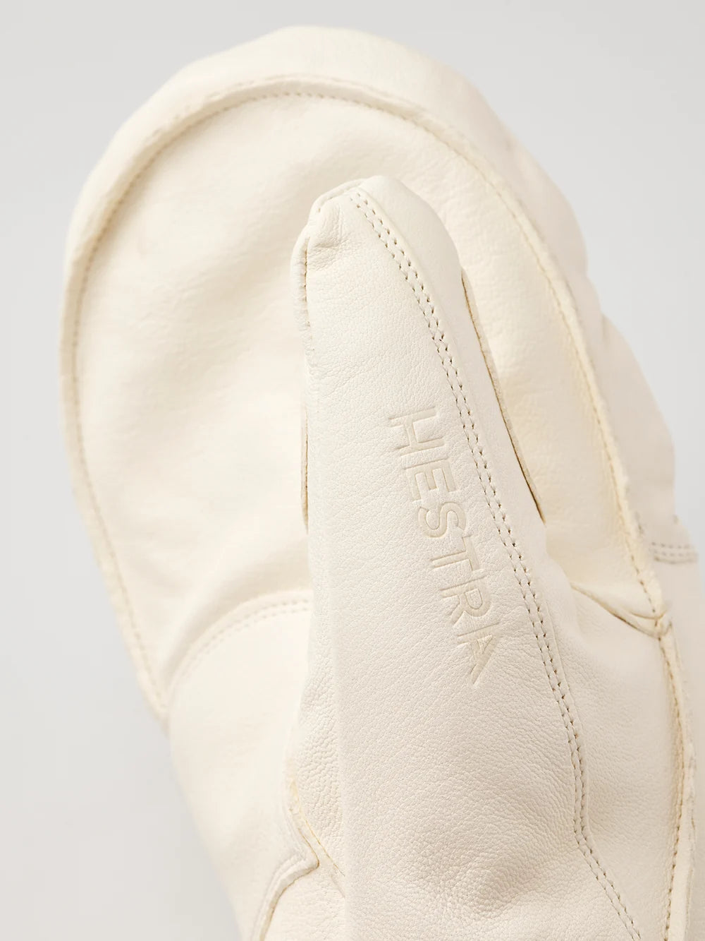 Hestra Fall Line Mitt in Almond White cowhide leather with G-Loft insulation, removable lining and short neoprene cuff.